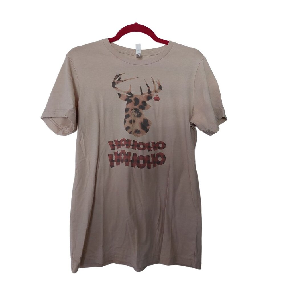 Leopard Print Reindeer Graphic Tee Featuring "Ho Ho Ho" Text  Bella+Canvas  Beig